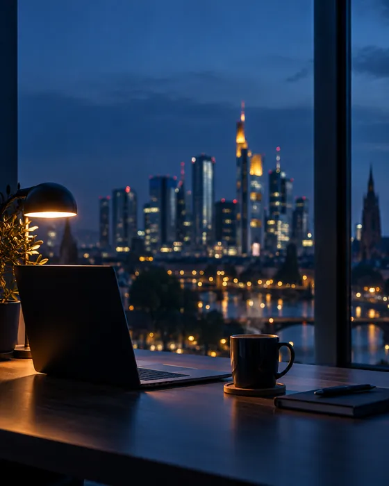 Laptop auf einem Schreibtisch vor dem Fenster, dahinter die Frankfurter Skyline zur blauen Stunde