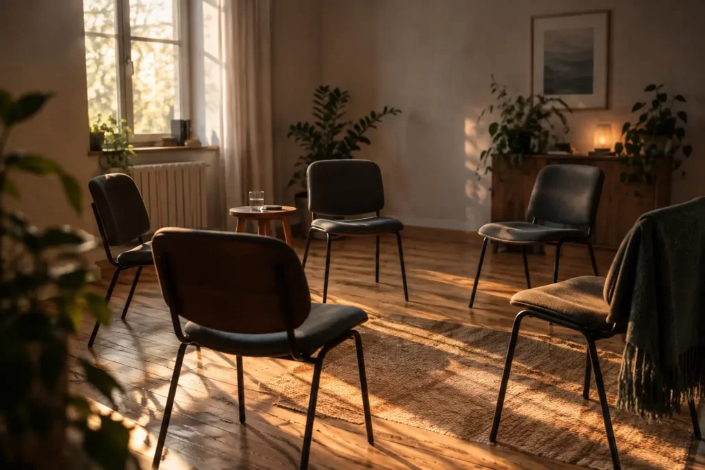Stuhlkreis in einem Praxisraum, vorbereitet für einen Abendkurs